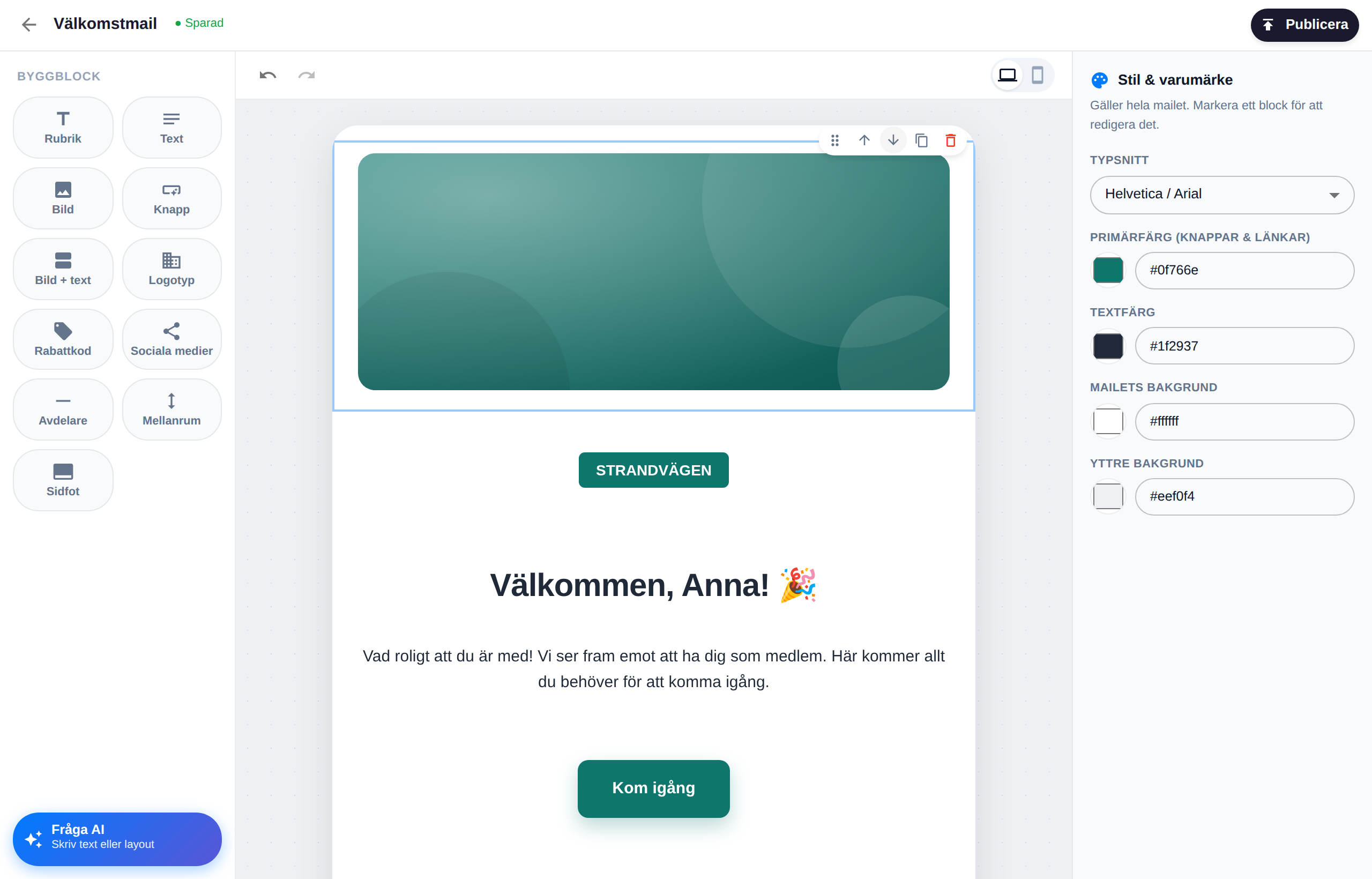 Editorn med byggblock, förhandsvisning och inställningar