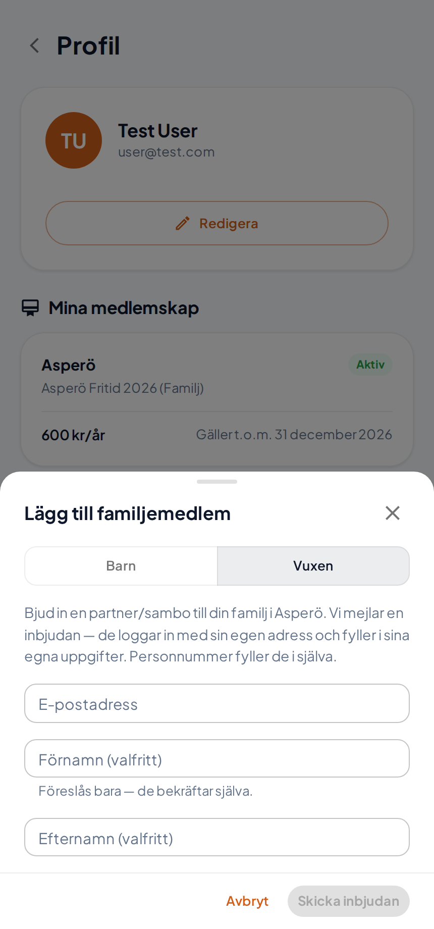 Rutan Lägg till familjemedlem med växeln Barn och Vuxen