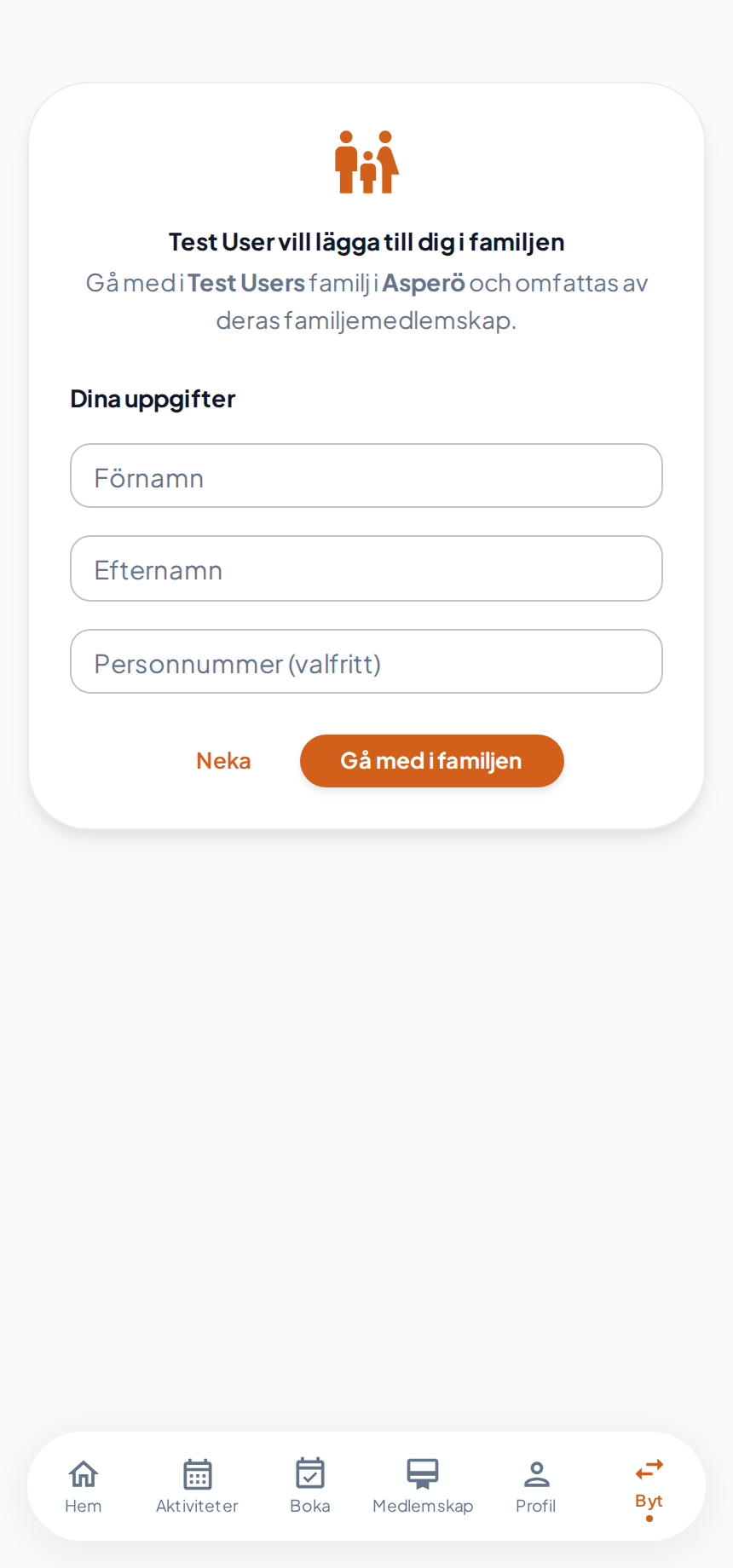 Inbjudningssidan där partnern fyller i sina uppgifter och går med i familjen