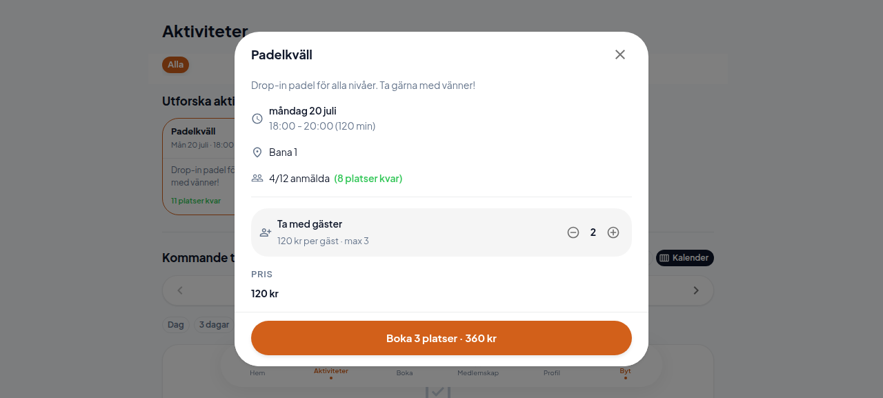 Bokningsrutan med gästväljaren och knappen Boka 3 platser · 360 kr
