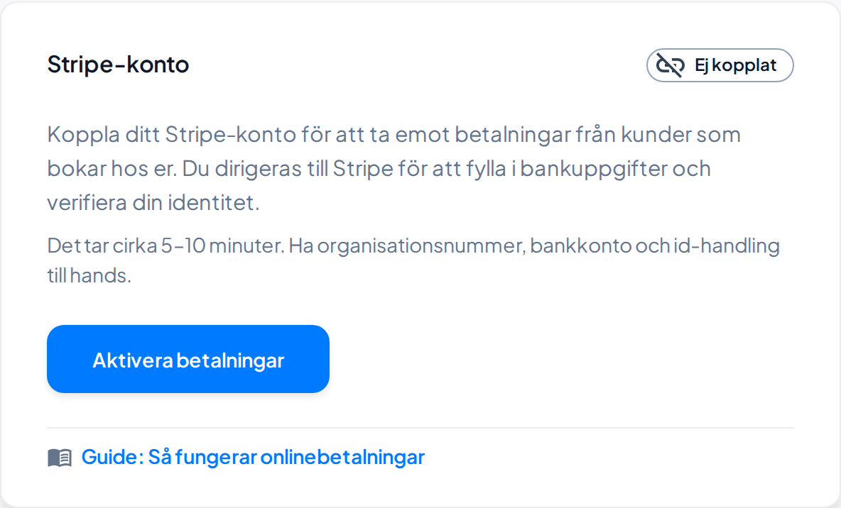 Stripe-kortet under Inställningar → Betalningar