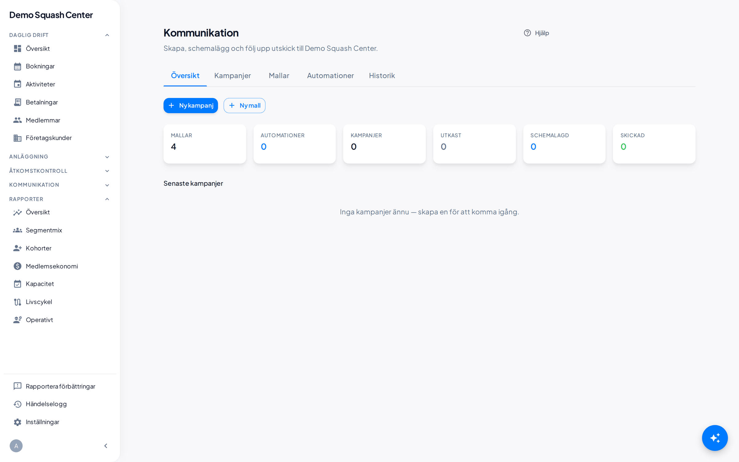 Kommunikationsöversikt med kampanjer, automationer och historik i GlennBook