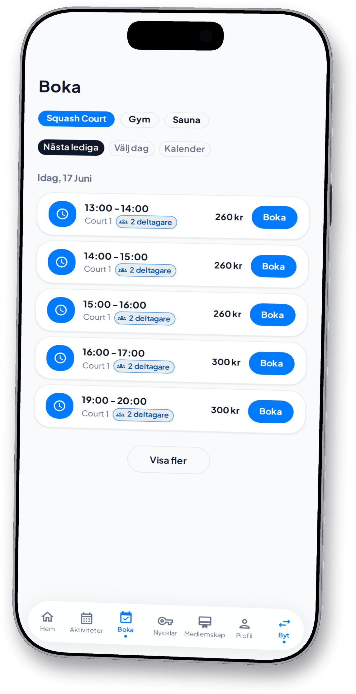 Bokning av lediga tider i GlennBooks medlemsapp
