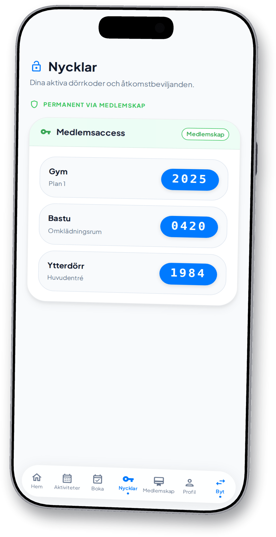 Tillträdeskoder i GlennBooks medlemsapp