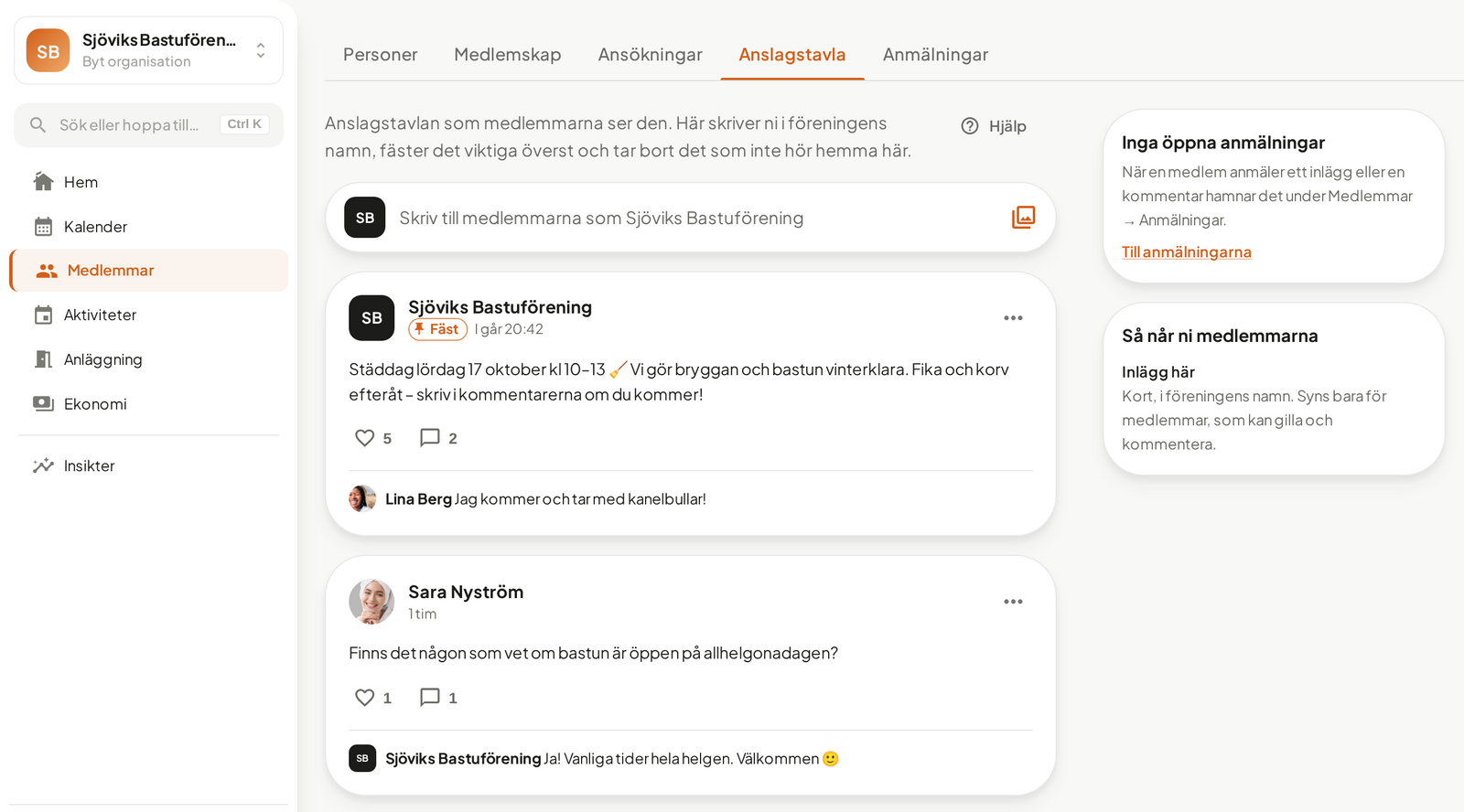 Anslagstavlan i kansliet, med föreningens svar på en medlems fråga